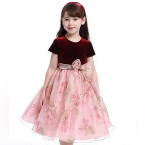 Elegant Pink And Maroon Floral Kids Formal Dress Size 6